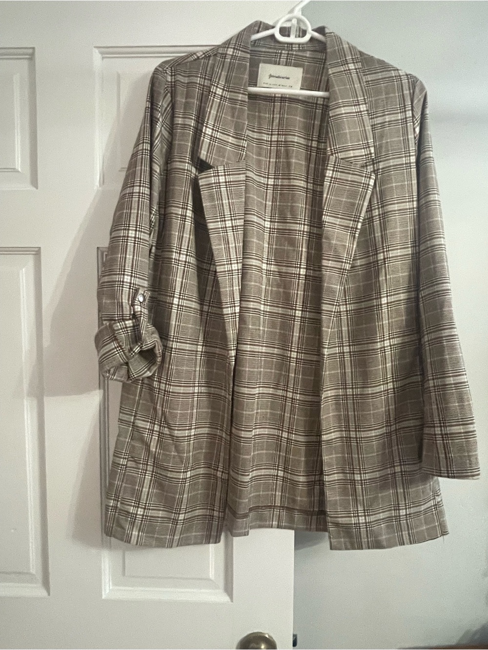 stradivarius Beige Plaid Open-Front Blazer